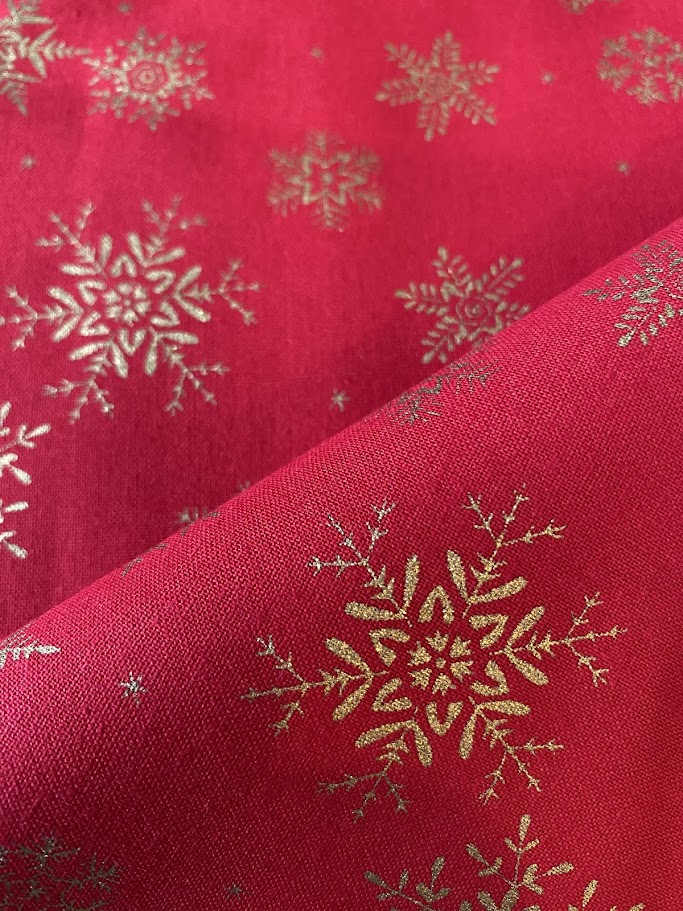 John Louden Christmas 100% Cotton Fabric - Red Gold Snowflakes