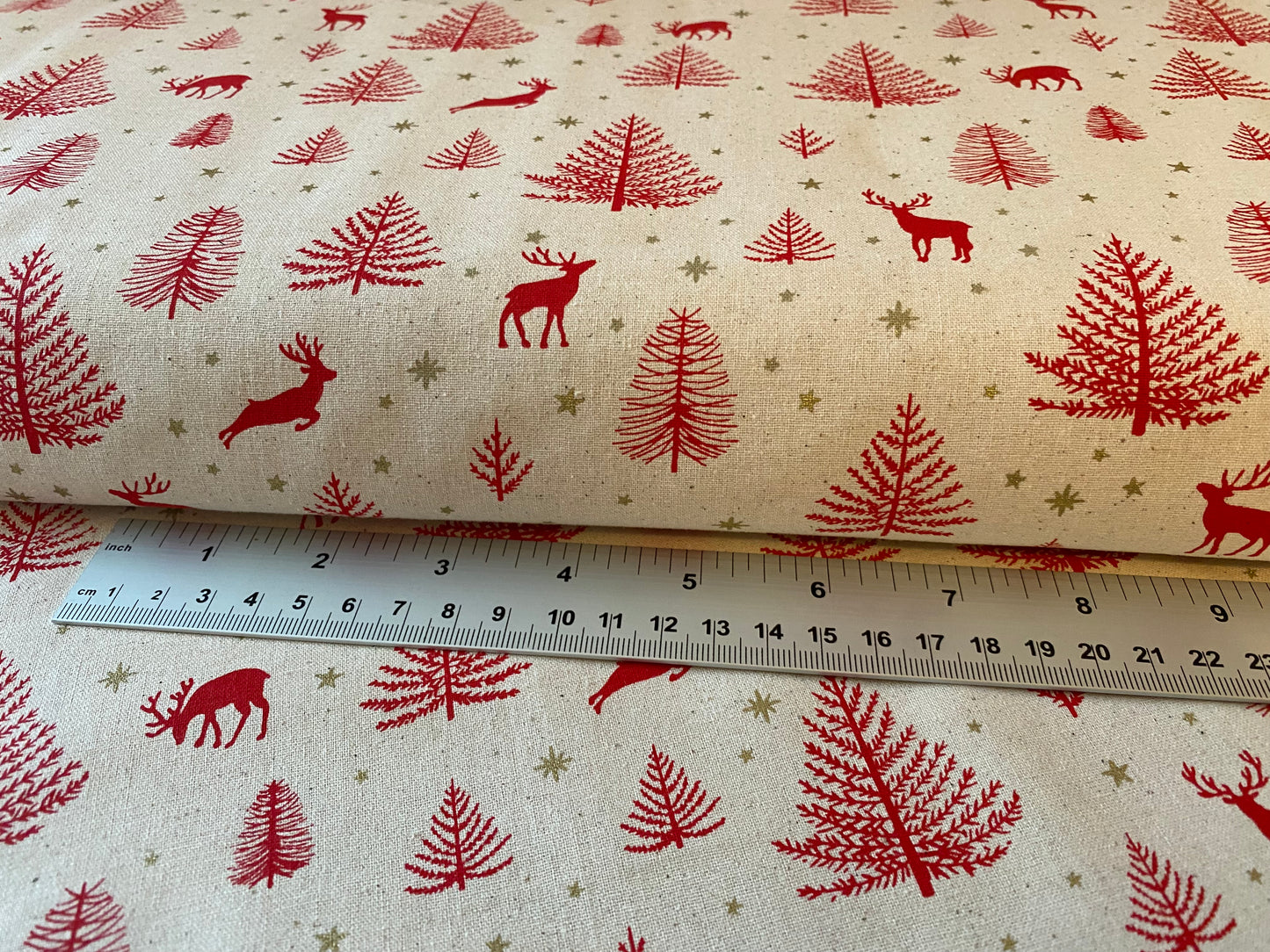 John Louden Christmas 100% Cotton Fabric - Scandi Red Reindeer and Gold Stars on Natural Background (Copy)