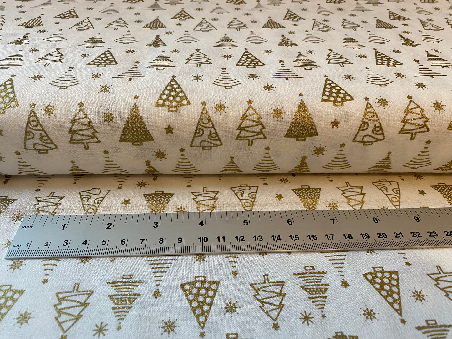 John Louden Christmas 100% Cotton Fabric - Gold Christmas Trees on Cream Background