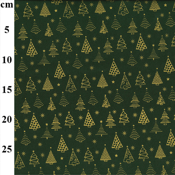 John Louden Christmas 100% Cotton Fabric - Green Gold Xmas Trees