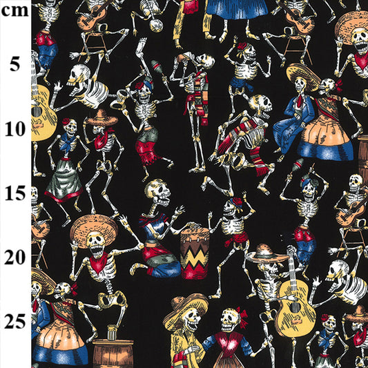 100% Cotton Poplin Skeleton, Day of the Dead Print