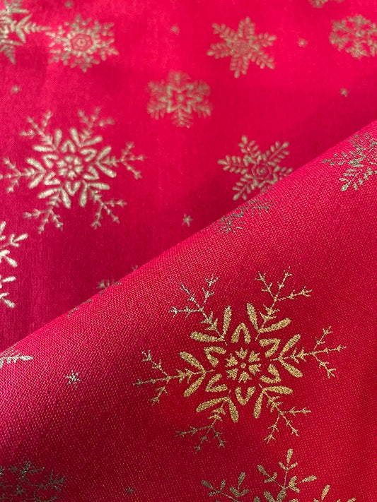 John Louden Christmas 100% Cotton Fabric  - Red Gold Snowflakes