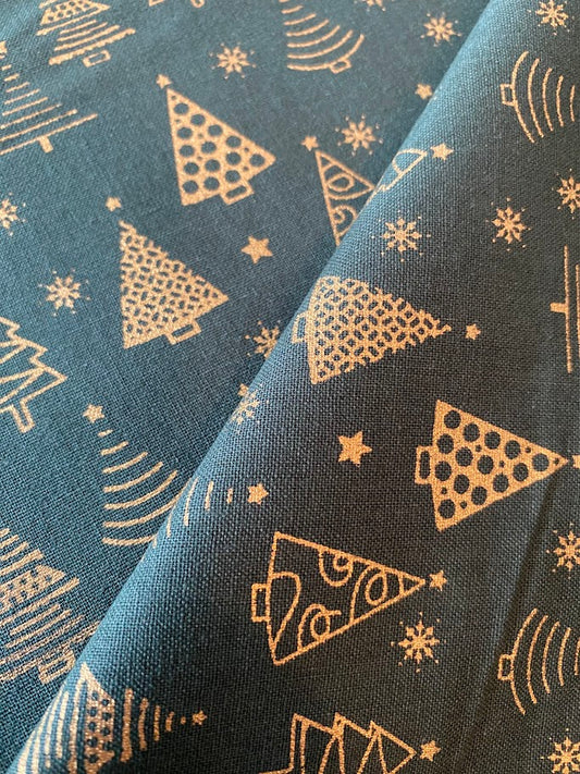 John Louden Christmas 100% Cotton Fabric - Green Gold Xmas Trees