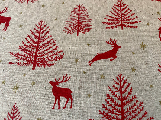 John Louden Christmas 100% Cotton Fabric  - Scandi  Red Reindeer and Gold Stars on Natural Background (Copy)