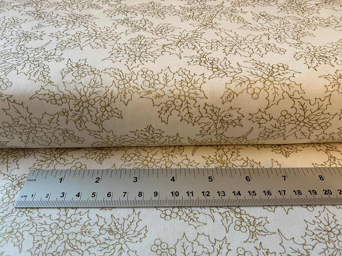 John Louden Christmas 100% Cotton Fabric  - Gold Holly on Cream Background