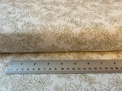 John Louden Christmas 100% Cotton Fabric  - Gold Holly on Cream Background