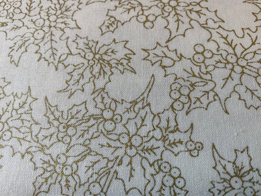 John Louden Christmas 100% Cotton Fabric  - Gold Holly on Cream Background
