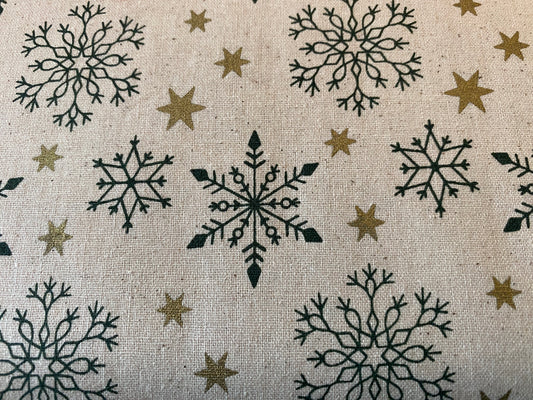 John Louden Christmas 100% Cotton Fabric  - Scandi Green Snowflakes and Gold Stars on Natural Background