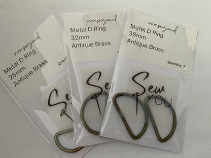 Metal D-Rings for Bag Making, Belts, Dressmaking and Crafts.  25mm, 32mm, 38mm. Antique Brass.  Pack of 2