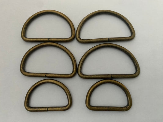 Metal D-Rings for Bag Making, Belts, Dressmaking and Crafts.  25mm, 32mm, 38mm. Antique Brass.  Pack of 2