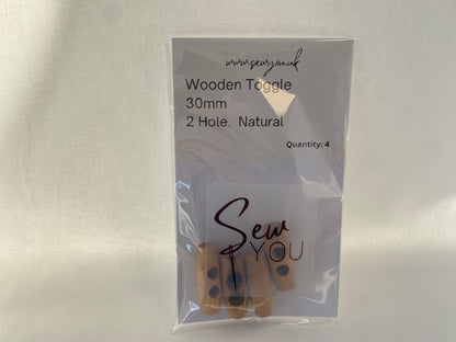 Wooden Toggle Buttons for Dressmaking, Bag Making and Crafts.  2 hole, 30mm
