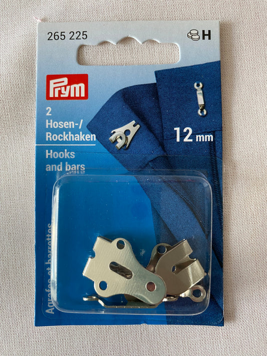 Prym hooks and bars for trousers or skirts, silver, 12mm, pack of 2