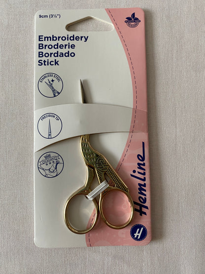 Hemline Embroidery Stork Scissors, 3.5" / 9cm, Gold