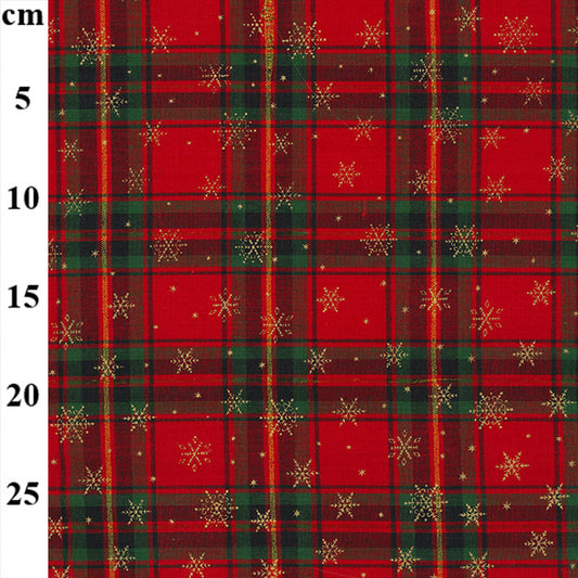 John Louden Christmas 100% Cotton Fabric - Tartan Gold Snowflakes