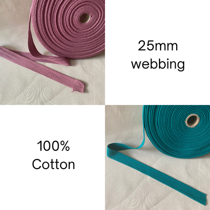 Webbing/strapping for bags, belts & crafts, 100% Cotton, 25mm, Herringbone, Various colours
