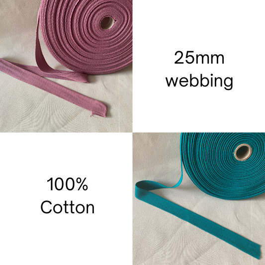 Webbing/strapping for bags, belts & crafts, 100% Cotton, 25mm, Herringbone, Various colours