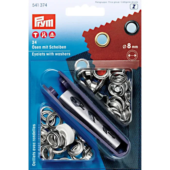 Prym eyelets with washers, silver, 8mm, pack of 12