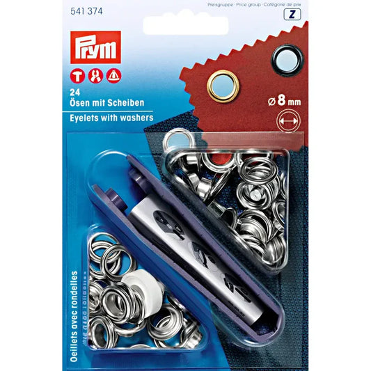 Prym eyelets with washers, silver, 8mm, pack of 12