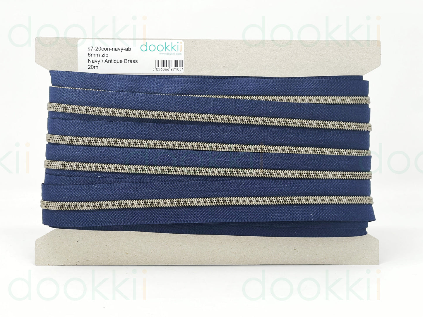 Continuous Zip, 6mm, Navy & Antique Brass, Cut to length
