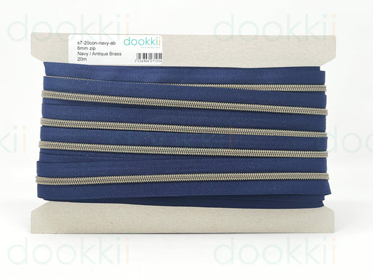 Continuous Zip, 6mm, Navy & Antique Brass, Cut to length